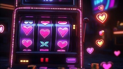 A neon slot machine with heart symbols and bright lights, set against a dark background.