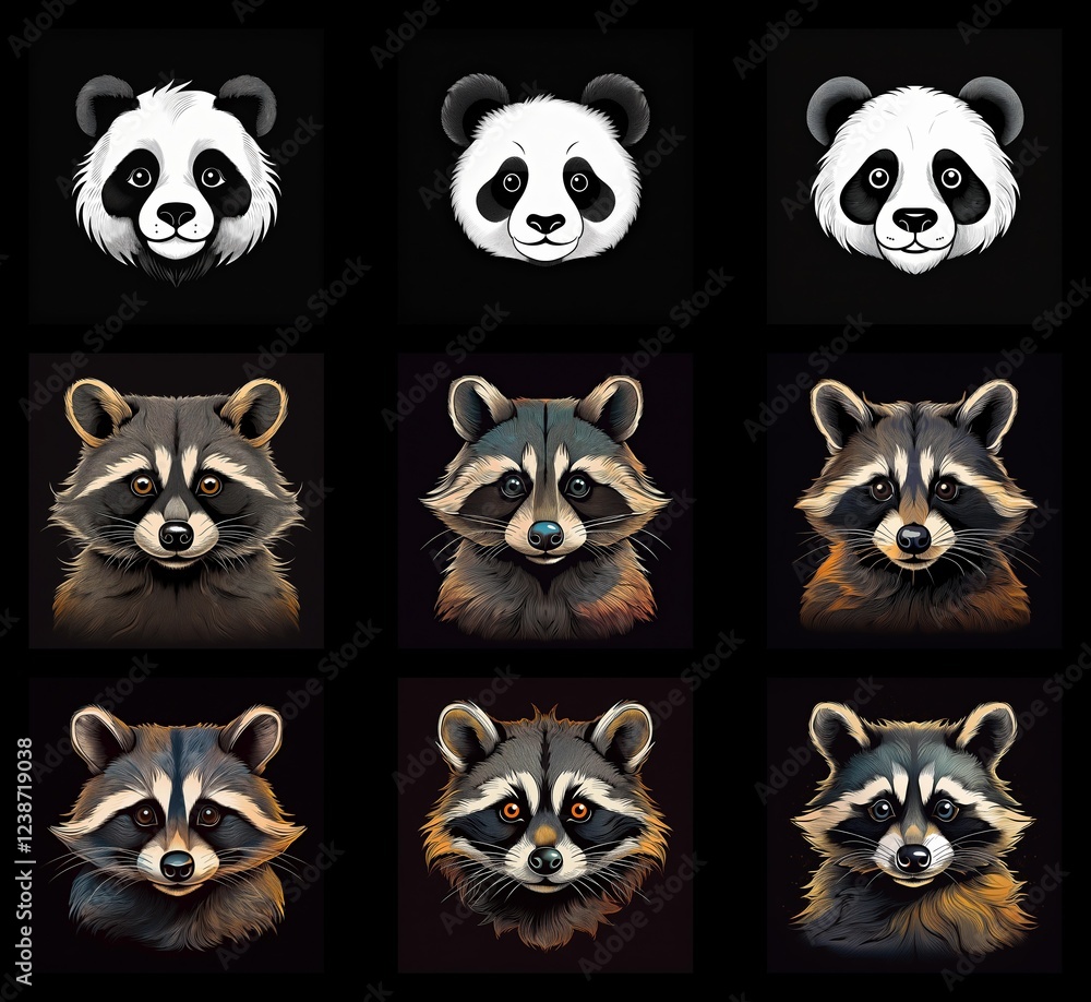Aufkleber Nine charming animal portraits: three variations each of pandas and raccoons.  Different color schemes showcase each animal's unique features.