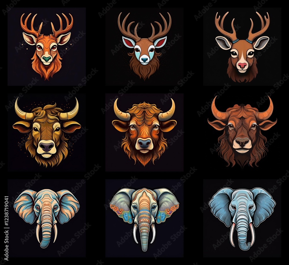 Poster nine stylized animal head illustrations: three deer, three bulls, and three elephants. each animal f