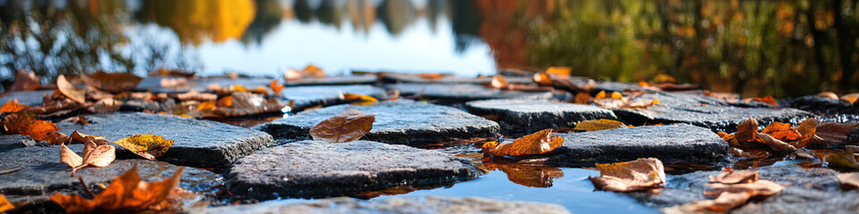 Fototapeta premium Autumn Leaves on Wet Cobblestone Path