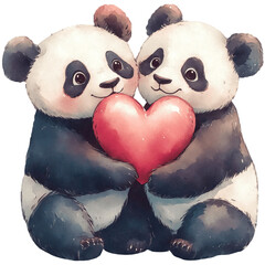 Watercolor clipart of baby panda couple holding a heart, isolated on a tranparent background, nurcery art, valentines day sticker, illustration of romantic forest animals