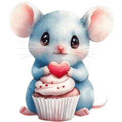 Watercolor clipart of baby mouse holding a cupcake with heart, isolated on a tranparent background, nurcery art, valentines day sticker, illustration of romantic forest animals