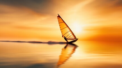A windsurfer skillfully glides across still waters as the sun sets, creating a stunning silhouette and evoking a sense of freedom, adventure, and connection with nature.
