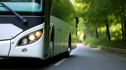 Close up on a city tour bus or public transport on a road in forest