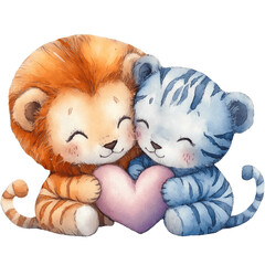 Watercolor clipart of baby liaon and baby tiger holding a heart, isolated on a tranparent background, nurcery art, valentines day sticker