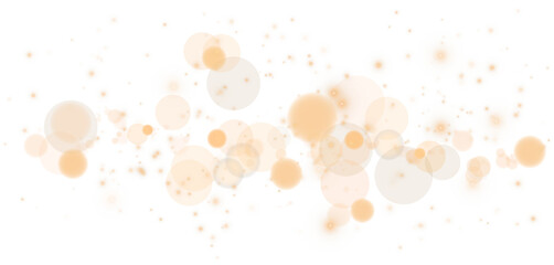 Glowing golden bokeh circles. Christmas background. Powder. Magic shining gold dust. Fine, shiny dust bokeh particles fall off slightly. Fantastic shimmer effect. PNG.