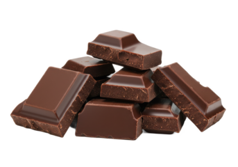 A pile of broken dark chocolate chunks with sharp edges, isolated on a white background