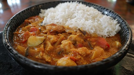 A flavorful bowl of chicken curry with rice, a comforting and delicious meal
