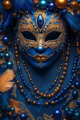Blue and gold venetian carnival mask with feathers and beads