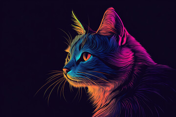 a cat, cute cat, neon, black background, 3d rendering