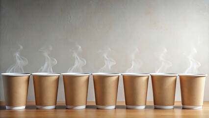 A Row of Steaming Hot Beverages in Disposable Cups on a Wooden Surface