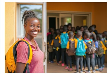 Obraz premium Smiling teacher welcomes students at school entrance during daytime in vibrant educational setting