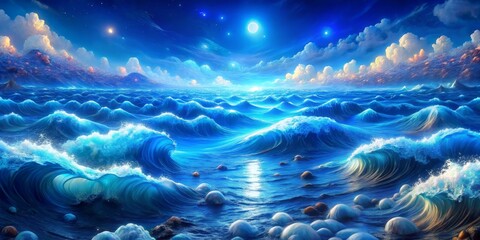 Celestial Waves A Nighttime Ocean with Ethereal Glow and Glowing Orbs on the Surface