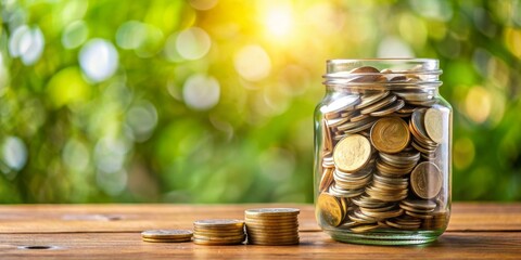 Coins in a Jar Against a Green and Sunlit Bokeh Background on a Wooden Table