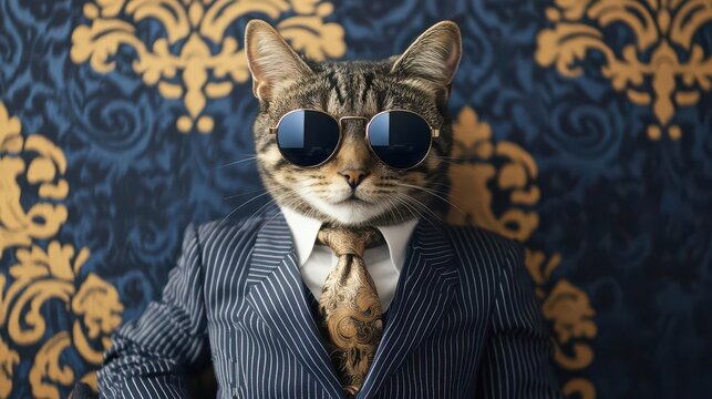 whimsical portrait of sophisticated feline wearing designer navy pinstripe suit, silk tie, and aviator sunglasses, posed confidently against luxurious art deco backdrop