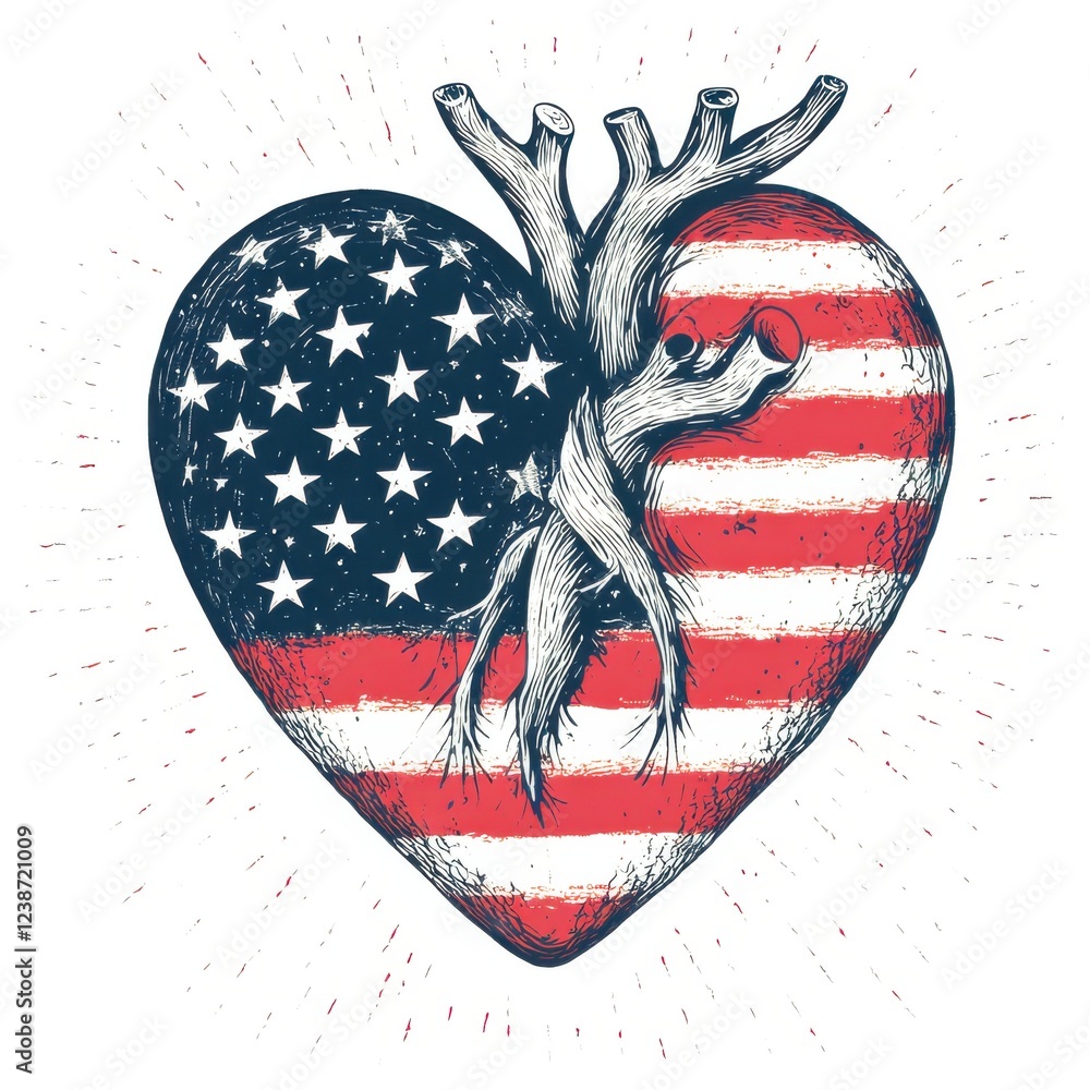 Poster vintage illustration of a heart with an american flag pattern, the symbol for america is intertwined