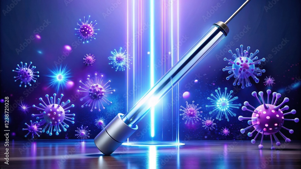 Poster a syringe filled with a solution, illuminated by neon lights, surrounded by microscopic organisms.
