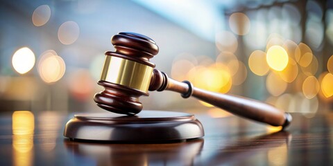 Gavel on a Wooden Surface with a Golden Bokeh Background