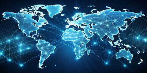 Fototapeta premium Global Network A Wired World Map with Blue Glowing Lines and Nodes