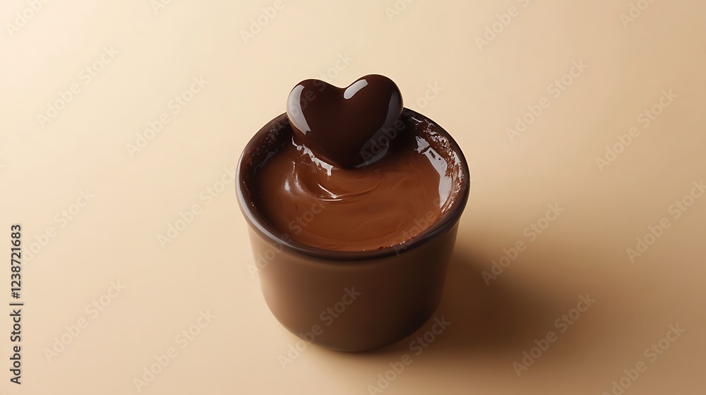 Fototapete a small chocolate fondue pot with melted chocolate and a heart shape formed on top, centered on a so