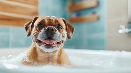 A cheerful dog enjoying a bubble bath, showcasing its playful personality, with foam and water creating a fun and joyful atmosphere in the bathroom setting.