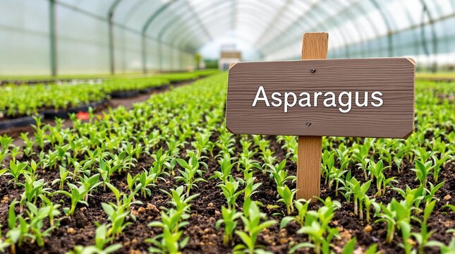 Asparagus seedlings sprouting through the soil in a greenhouse. Fresh greenery. Seedlings.