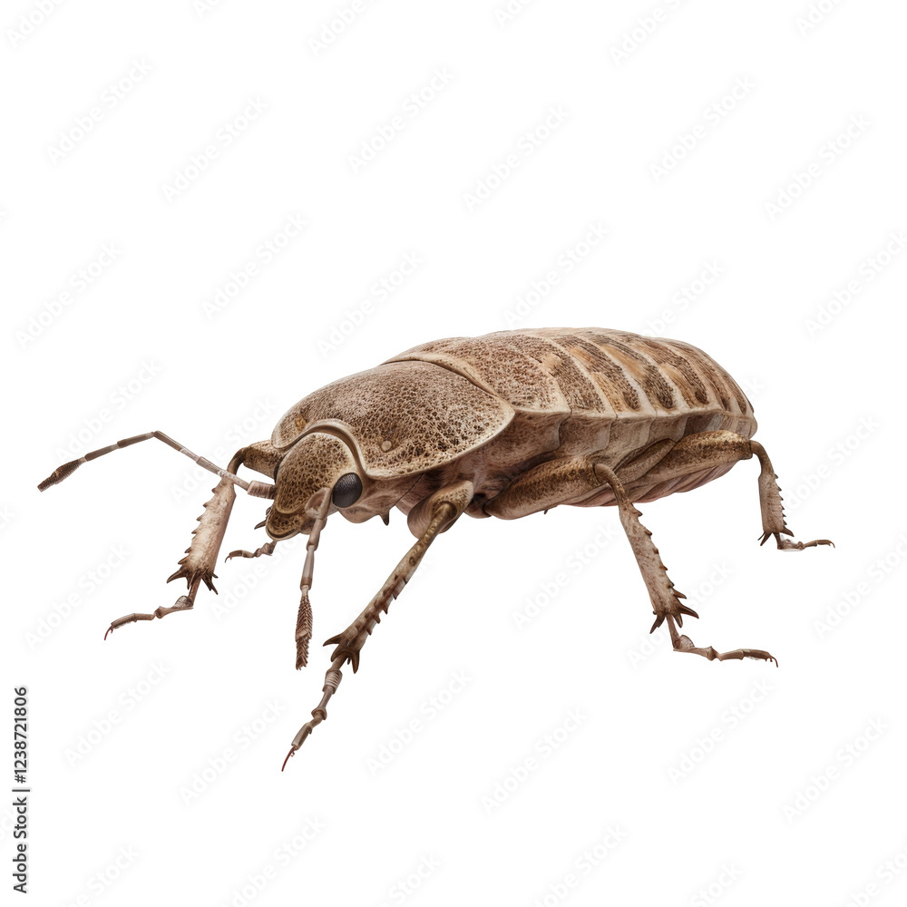 Poster detailed view of an isopod with textured shell and multi segmented body on a plain surface