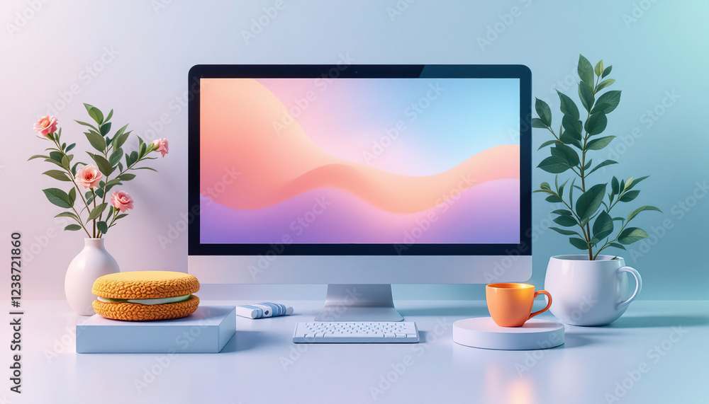Poster stylish workspace setup with computer plants and macaron