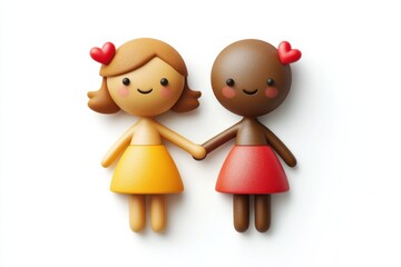 Two cute cartoon characters holding hands, symbolizing friendship and love in a vibrant and joyful setting