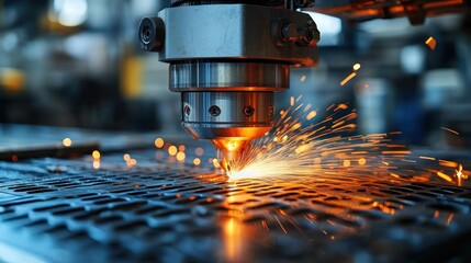 Laser cutting machine cutting metal sheet with sparks.
