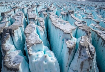 Majestic Glacier Detail: Textured Ice, Crevasses, Formations, High Resolution View, Chaotic Scene, Frozen Art, Winter Landscape, Natural Texture, Cold Background, Detailed Art.
