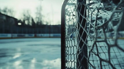  Close-up of a hockey goal, with an ice rink in the background. The image has a cinematic, raw style