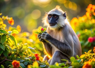 Fototapeta premium Drone View: Southern Plains Gray Langur Feeding on Flowers in Bush