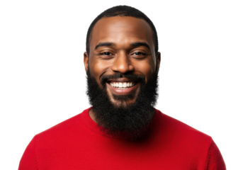 Portrait of a cheerful man with a beard wearing a red sweater, isolated on white background