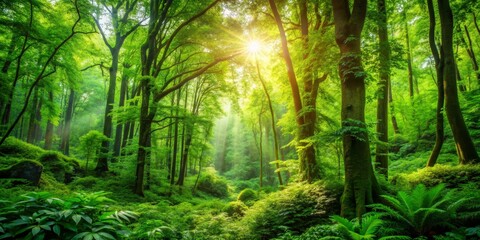 Fototapeta premium Sunbeams Filtering Through a Lush Green Forest Canopy