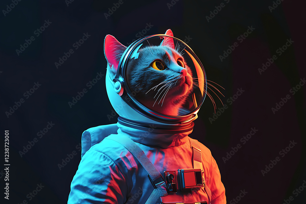 Poster a cat wearing an astronaut suit with a futuristic neon background, cat astronaut floating in space, 