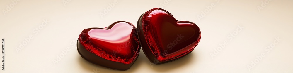 Fototapete a pair of heart-shaped chocolates wrapped in shiny red foil, resting on a simple cream background