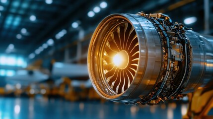This image captures the intricate design of a jet engine turbine, illuminated by soft light, showcasing engineering excellence and advanced technology.