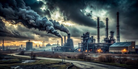 The Industrial Sky A Silhouette of Smoke and Steel Under a Dramatic, Cloudy Dawn