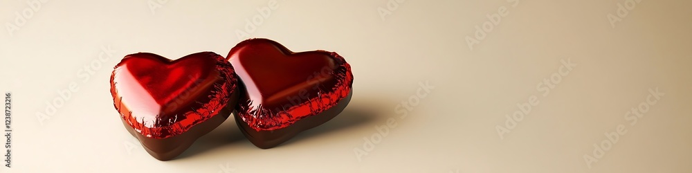 Fototapete a pair of heart-shaped chocolates wrapped in shiny red foil, resting on a simple cream background