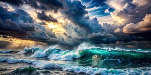 Fototapeta premium Turbulent Ocean Beneath a Dramatic Sky - A Stormy Seascape with Golden Rays of Light Piercing Through Dark Clouds and Turquoise Waves Crashing Against Each Other