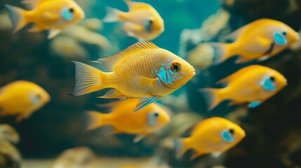 Vibrant yellow cichlids swim together in a clear aquarium setting, showcasing their vivid colors and active behavior in the serene underwater habitat