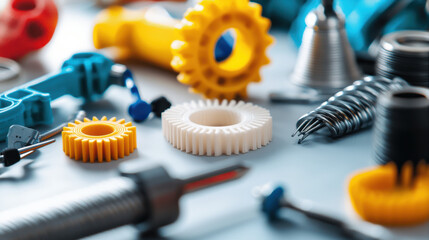3D printed objects and tools arranged on table, showcasing industrial technology