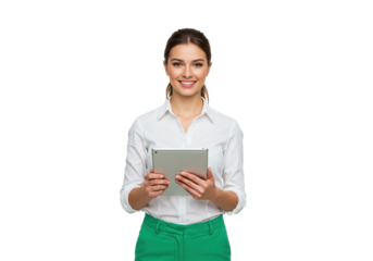 A smiling professional woman holding a tablet, wearing a white blouse and green trousers, isolated on a white background