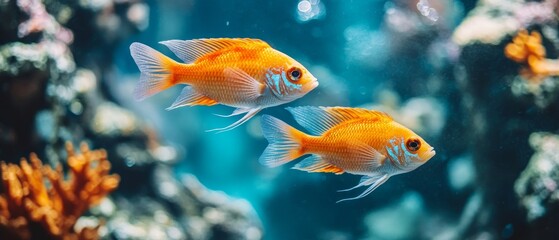 Naklejka premium Two vivid goldfish glide through clear water, showcasing their orange scales among colorful corals and aquatic plants in a lively underwater environment
