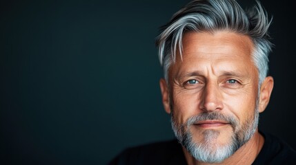 An expressive image of a man with silver hair showcasing a warm smile, radiating confidence and approachability, set against a subdued, dark background.