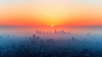 Polution in city, A breathtaking sunrise casts a vibrant orange glow over a city skyline, enveloped in soft fog, creating a serene urban landscape.