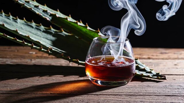 Smoky mezcal cocktail in a round glass with rising smoke, set on a rustic wooden surface with agave leaves in the background