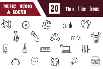 Music audio and sound line editable icon set. Icons containing recording equipment, players, speakers, sound waves, event, concert and more. Vector illustration