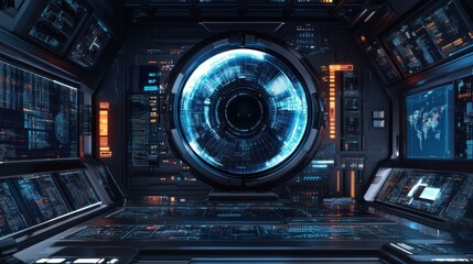 Naklejka premium Inside a cyber world exploring the futuristic technology station environment
